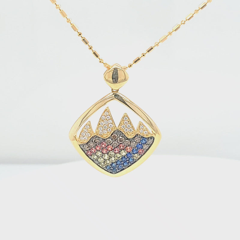 Rainbow Sapphire, Gemstone, and Diamond Mountain Scene Pendant