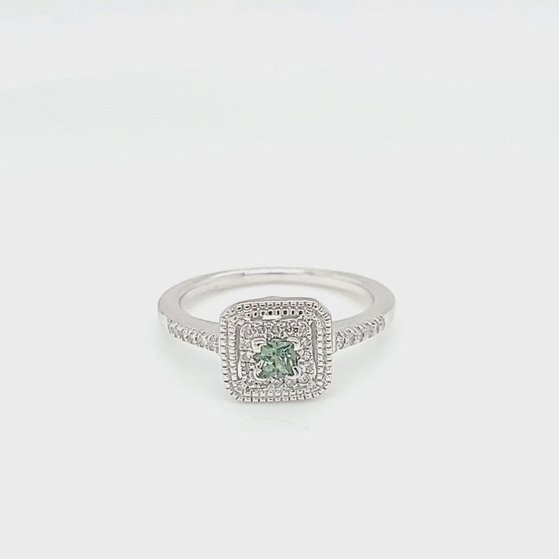 Green Sapphire and Diamond Square Ring