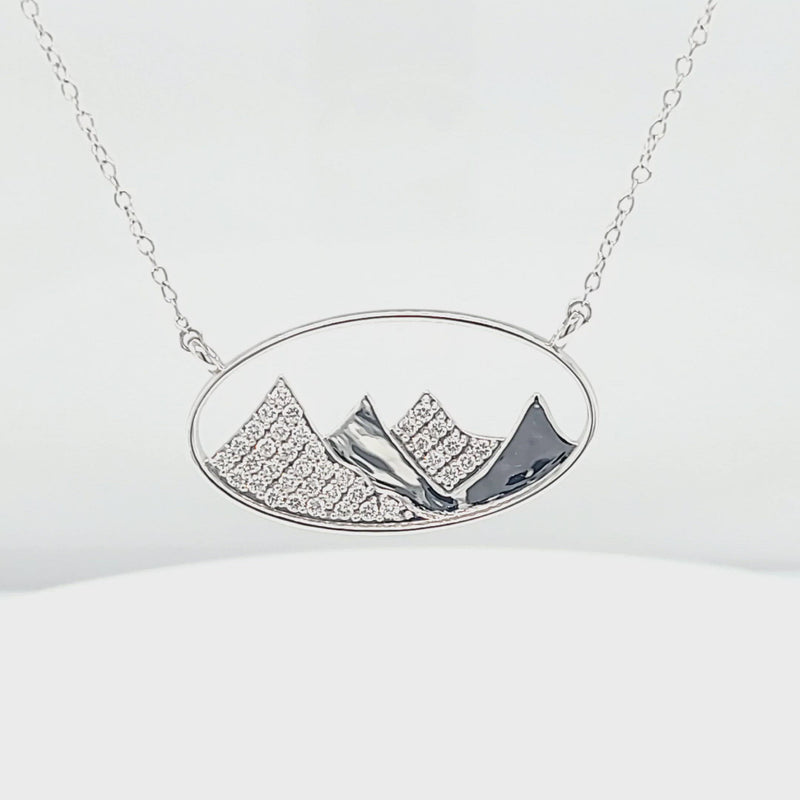 Gold Oval Outline and Diamond Mountain Silhouette Necklace