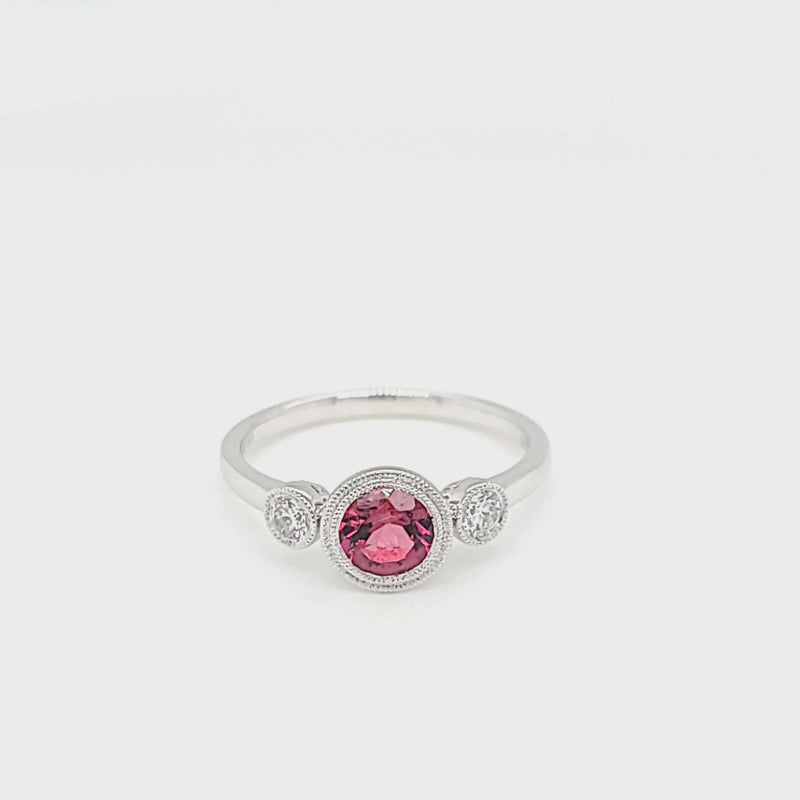 Round Pink Tourmaline Rubelite Bezel & Diamond Ring