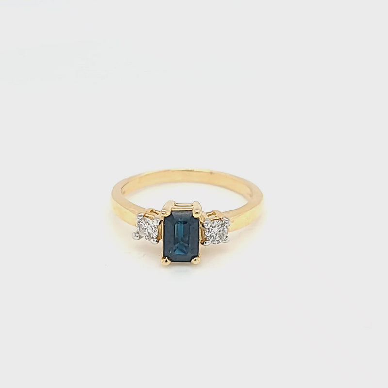 Emerald-Cut Blue Sapphire & Diamond Three Stone Ring