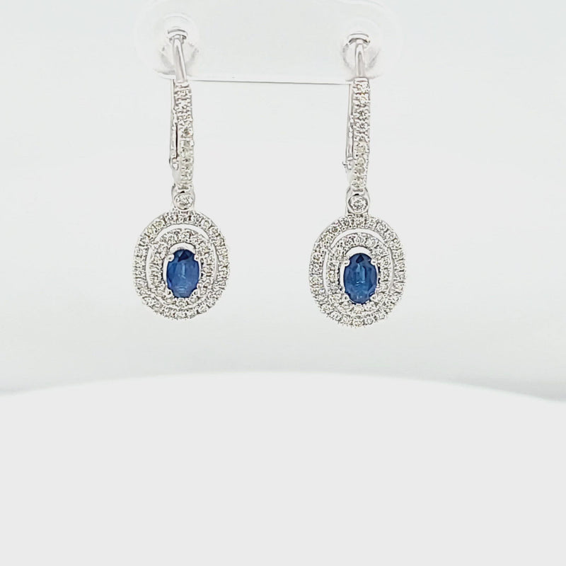 Diamond Huggie  & Sapphire Double Halo Dangle Earrings