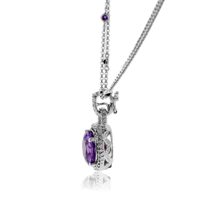 Amethyst Diamond Halo Style Pendant with Diamond Chain - Park City Jewelers