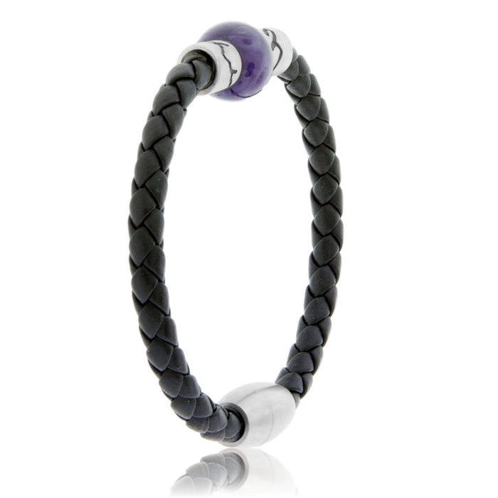 Amethyst & Mountain Bead on Woven Leather Sterling Silver Bracelet - Park City Jewelers