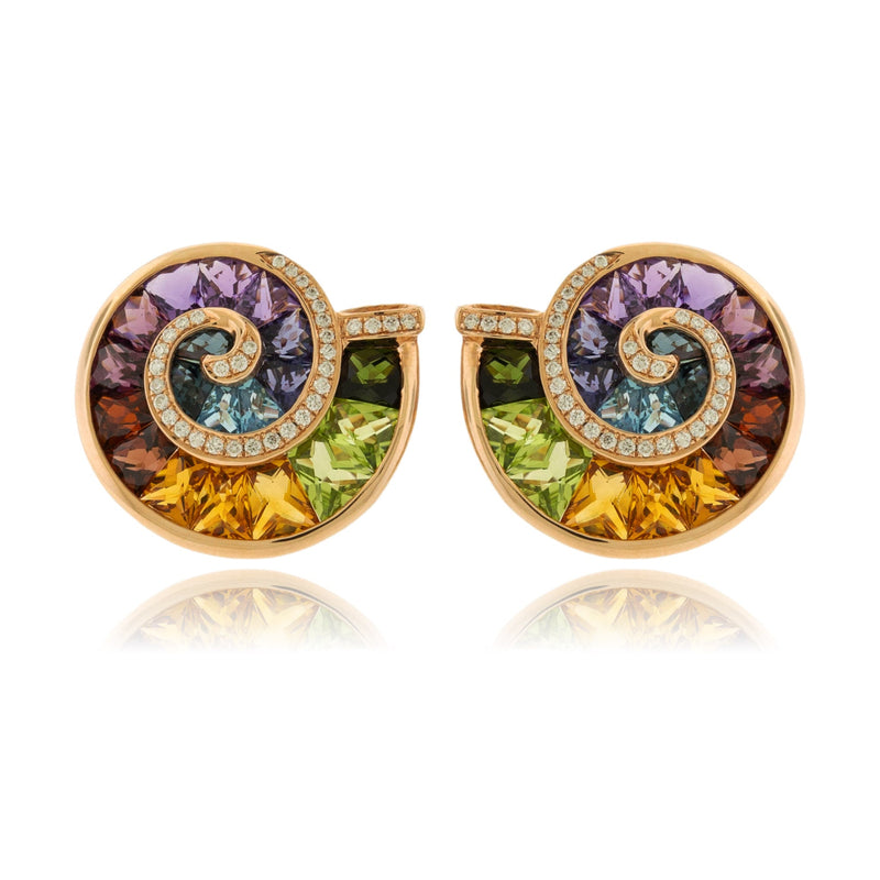 Ammonite Style Rainbow Mixed Gemstone & Diamond Earrings - Park City Jewelers