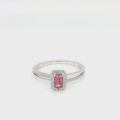 Emerald-Cut Pink Tourmaline Rubelite & Diamond Halo Ring