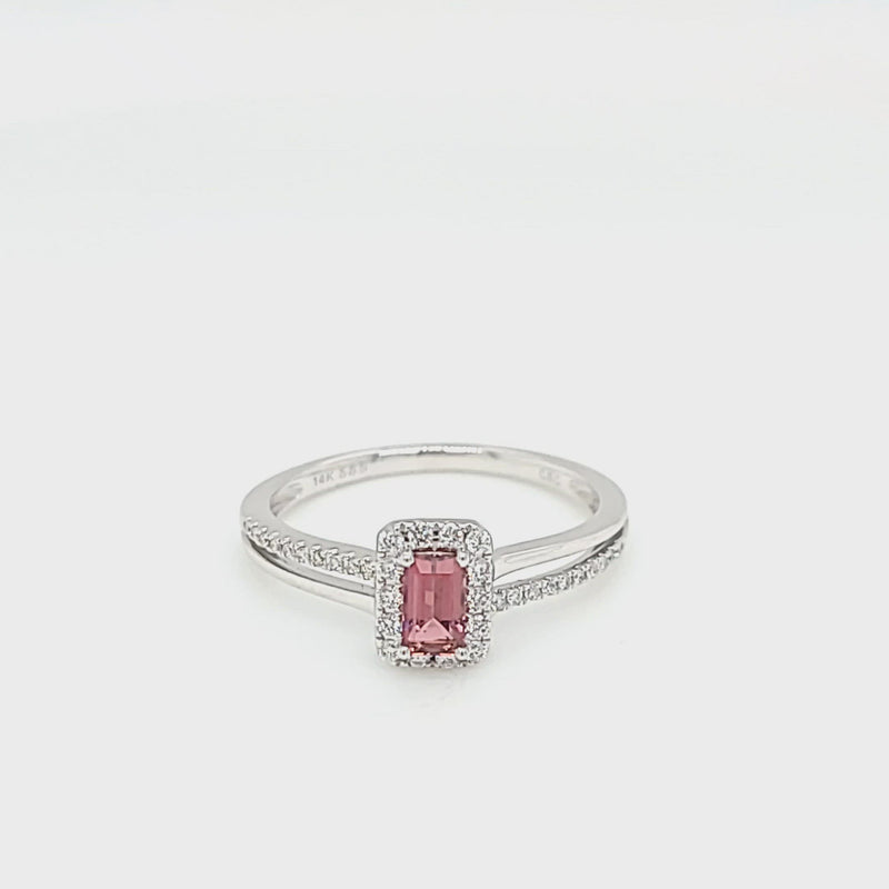 Emerald-Cut Pink Tourmaline Rubelite & Diamond Halo Ring