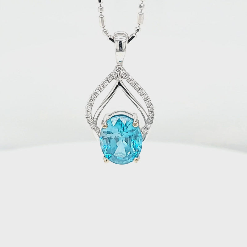 Oval Blue Zircon with Diamond & Gold Outline Pendant Video