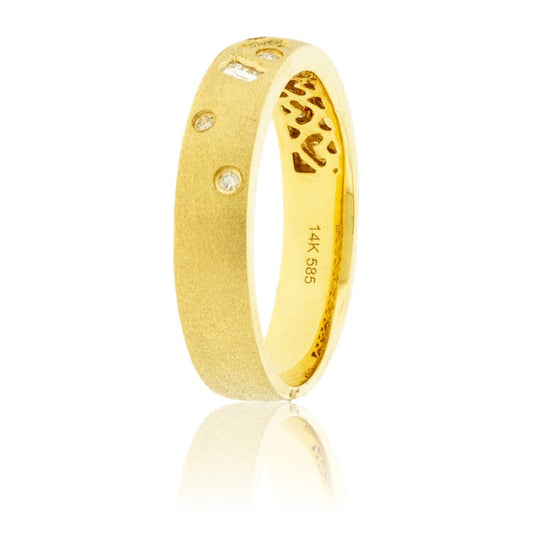 Baguette and Round Diamond Gold Satin Finish Flush Set Ring - Park City Jewelers