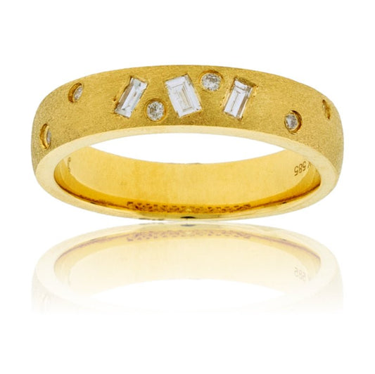 Baguette and Round Diamond Gold Satin Finish Flush Set Ring - Park City Jewelers