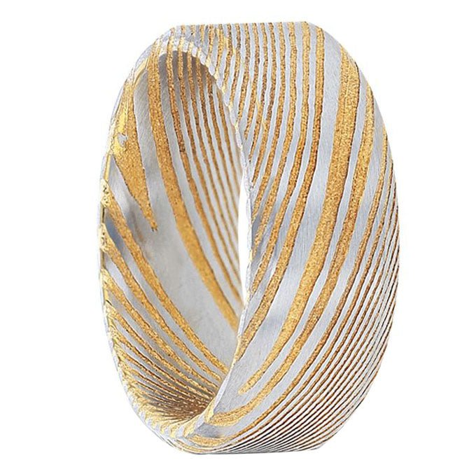Beveled Brushed Damascus Steel Band with A Vivid Etched Design - Park City Jewelers