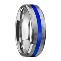 Beveled Edges White Tungsten Brushed Finish Ring with Blue Stripe - Park City Jewelers