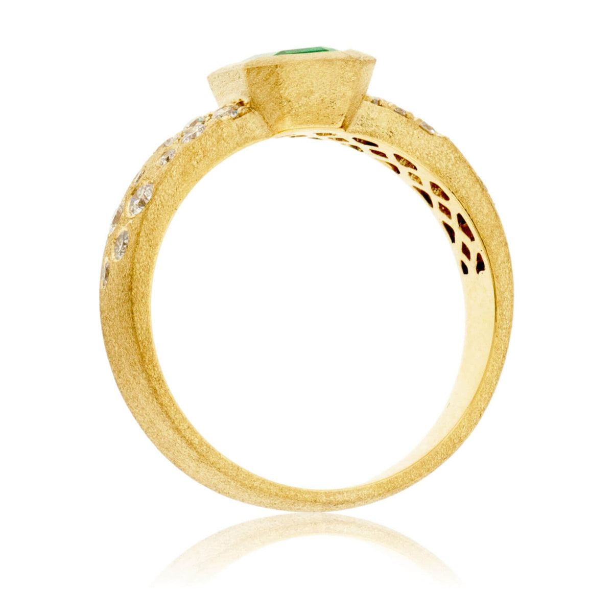 Bezel Set Emerald-Cut Emerald in Yellow Gold with Flush Set Diamond Band - Park City Jewelers