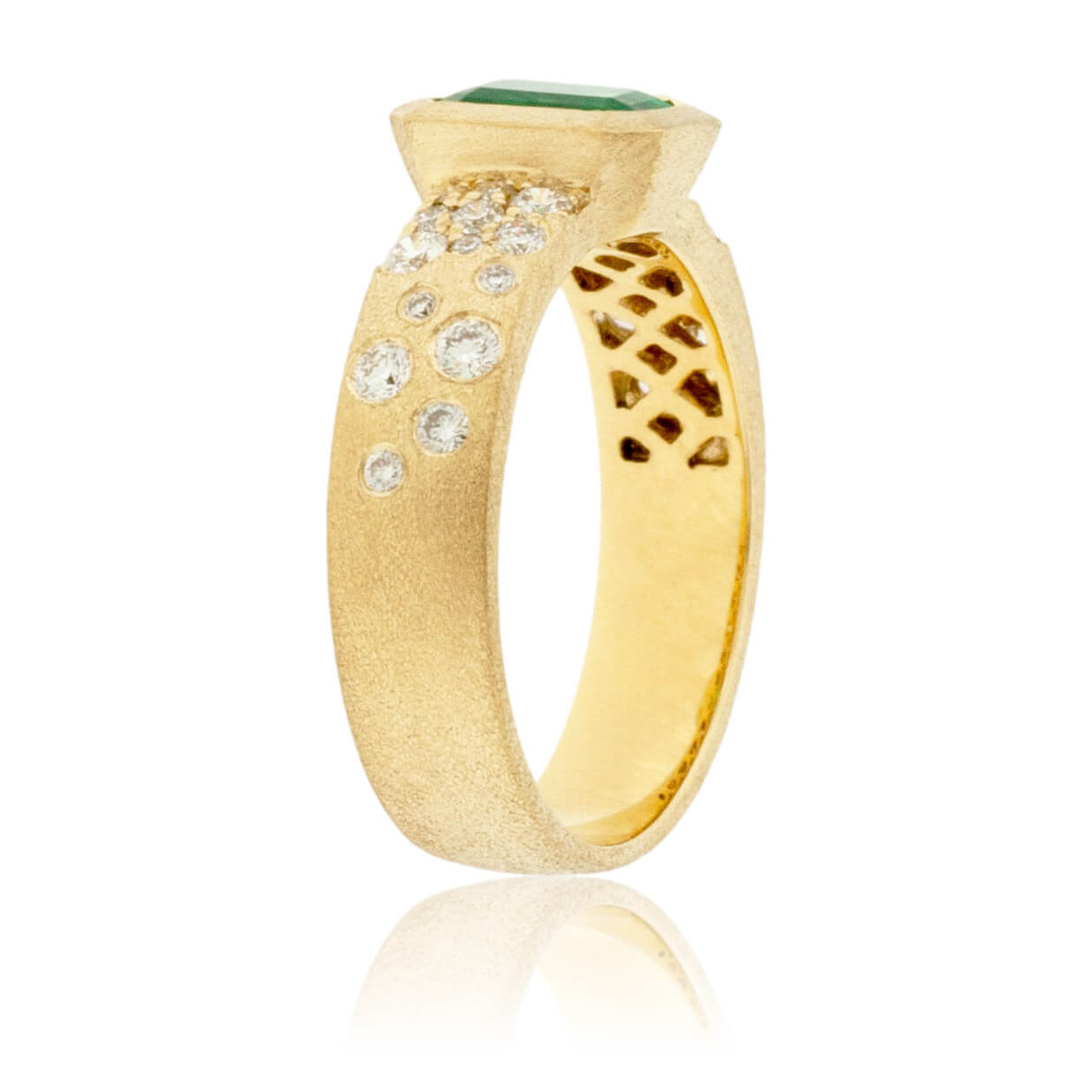Bezel Set Emerald-Cut Emerald in Yellow Gold with Flush Set Diamond Band - Park City Jewelers