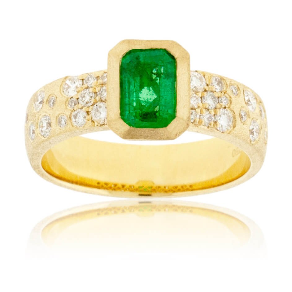 Bezel Set Emerald-Cut Emerald in Yellow Gold with Flush Set Diamond Band - Park City Jewelers