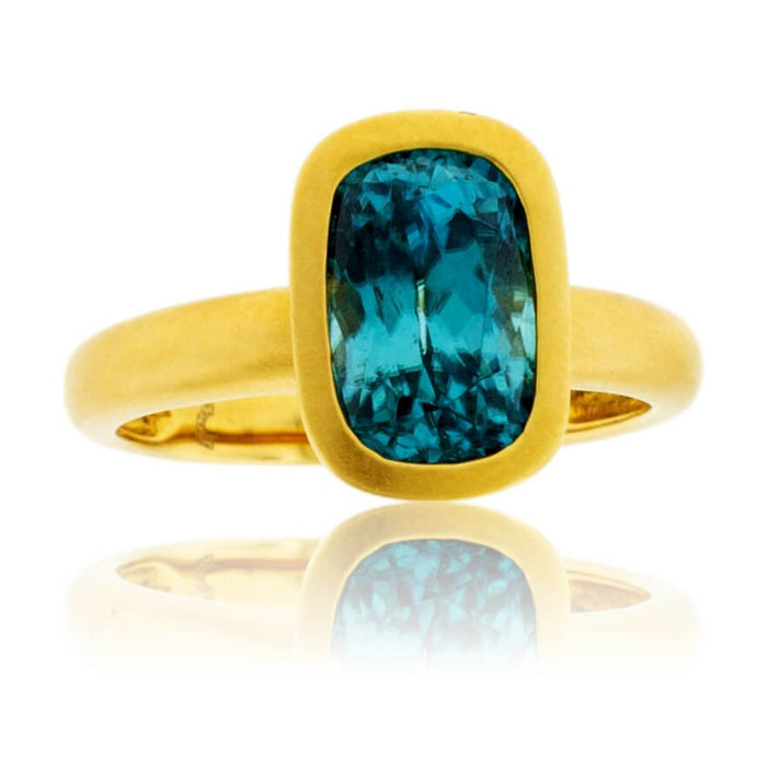 Bezel Set Modified Cushion-Cut Blue Zircon Yellow Gold Ring - Park City Jewelers