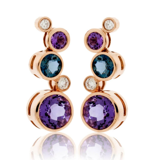 Bezel Set Round Amethyst, Blue Topaz & Diamond Floating Bubble Earrings - Park City Jewelers