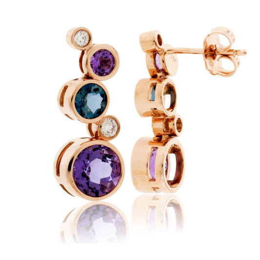Bezel Set Round Amethyst, Blue Topaz & Diamond Floating Bubble Earrings - Park City Jewelers
