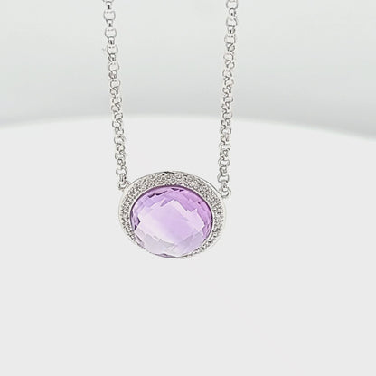 Round Amethyst & Diamond Halo Necklace