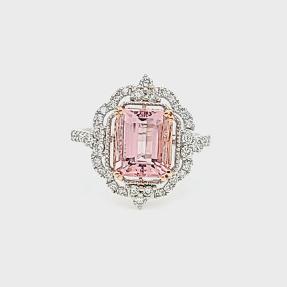 Emerald-Cut Morganite & Diamond Double Halo Ring