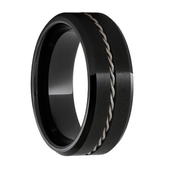Black Ceramic Beveled Edge Band with a 1mm Twisted Sterling Silver Inlay and Satin Finish - Park City Jewelers