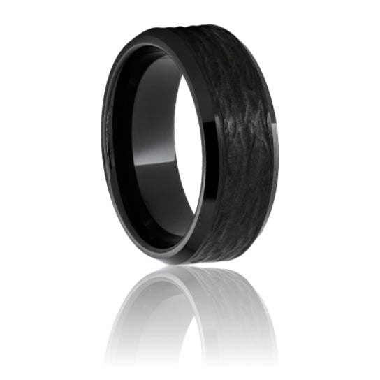 Black Ceramic Beveled Edge Band with Bark Finish - Park City Jewelers