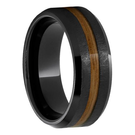 Black Ceramic Beveled Edge Band with Single Malt Barrel Aged Inlay and Grain Finish - Park City Jewelers