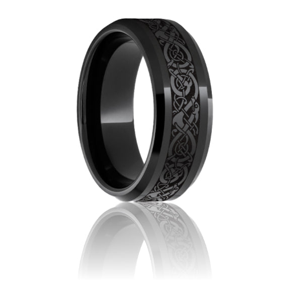 Black Ceramic Beveled Edge Band with Viking Laser Engraving - Park City Jewelers