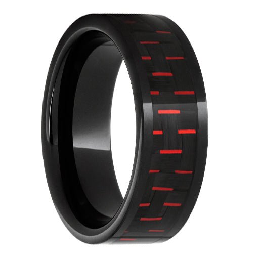 Black Ceramic Pipe Cut Band with Black and Red Carbon Fiber Inlay - Park City Jewelers