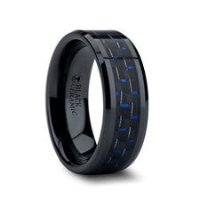 Black Ceramic Ring with Black and Blue Carbon Fiber - Park City Jewelers