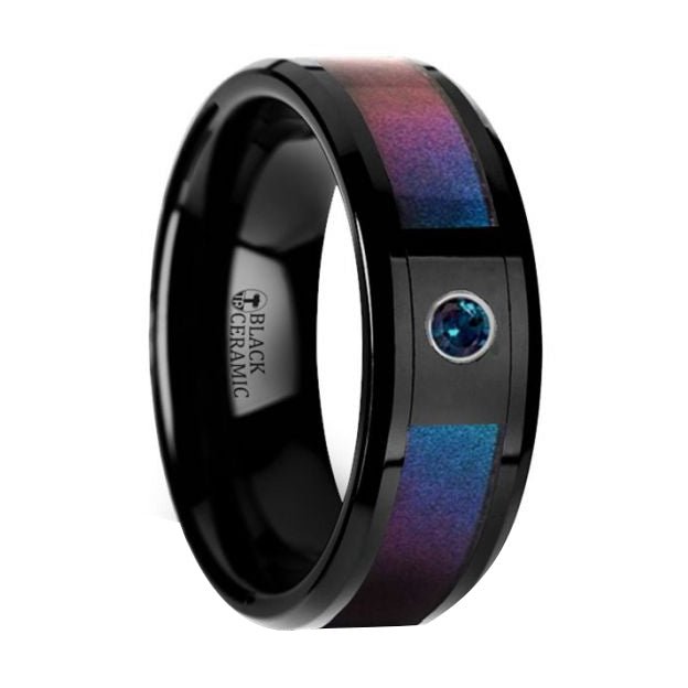Black Ceramic Ring with Blue & Purple Color Changing Inlay and Alexandrite - Park City Jewelers