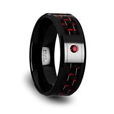 Black Ceramic Wedding Band with Black and Red Carbon Fiber and Ruby Stone - Park City Jewelers