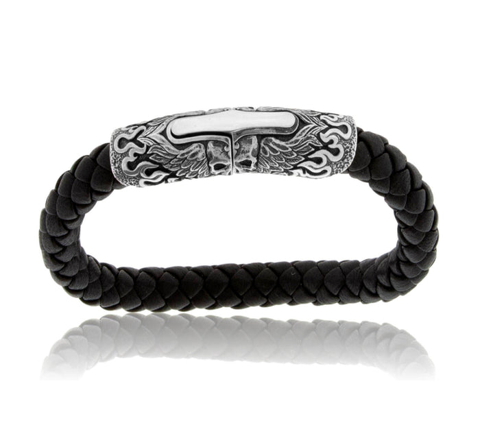Black Leather & Sterling Silver Beautifully Engraved Bracelet - Park City Jewelers