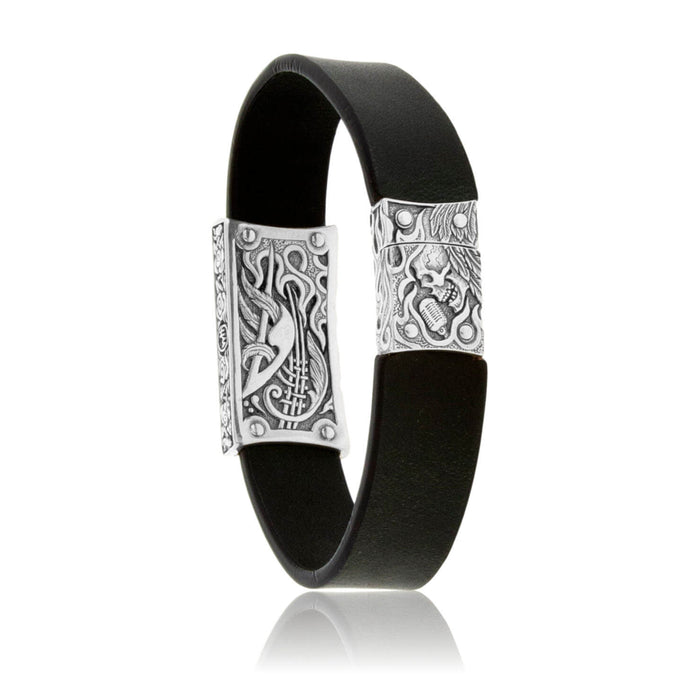 Black Leather & Sterling Silver Beautifully Engraved Rock & Roll Bracelet - Park City Jewelers