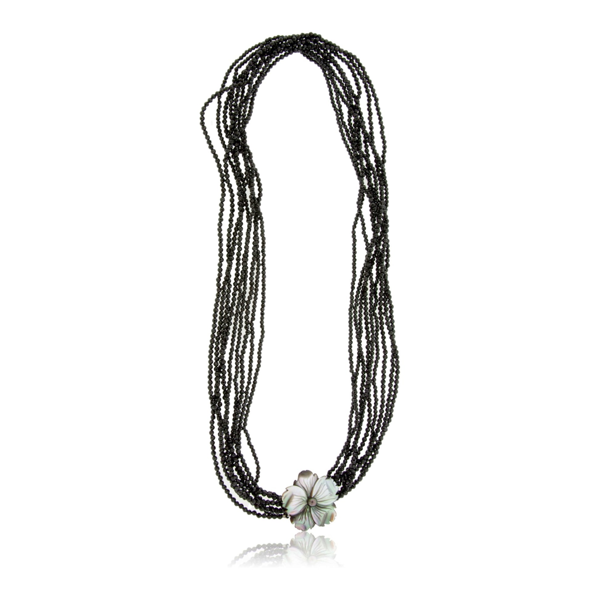 Black Spinel & Mother of Pearl Carved Flower Beaded Necklace - Park City Jewelers