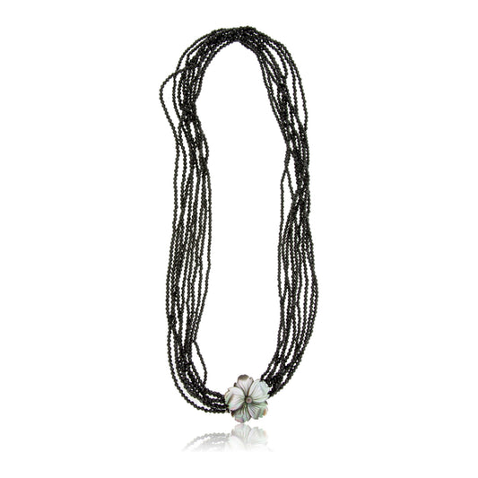 Black Spinel & Mother of Pearl Carved Flower Beaded Necklace - Park City Jewelers