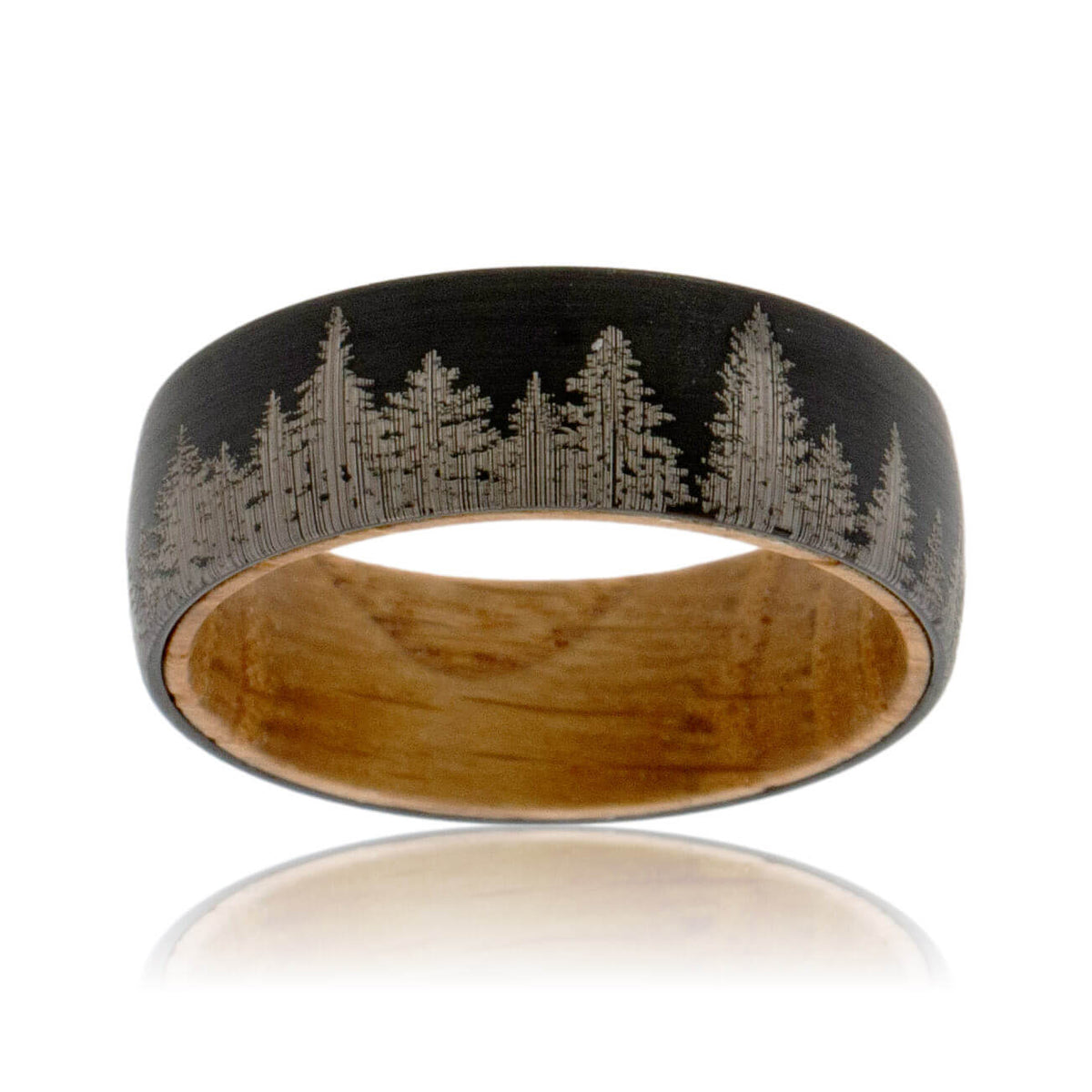 Black Tungsten & Whisky Barrel with Laser Engraved Treeline Ring - Park City Jewelers