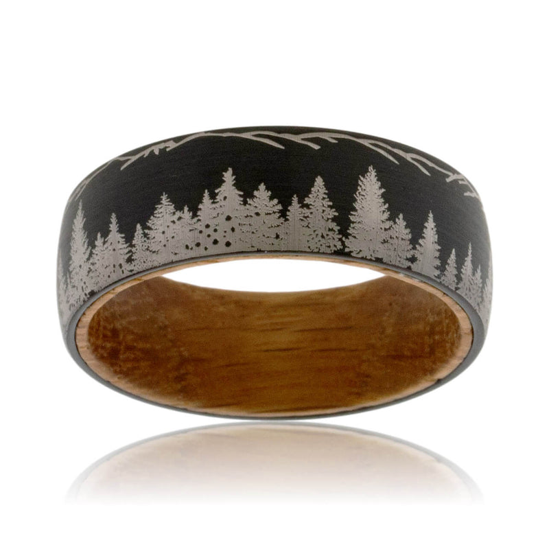 Black Tungsten with Laser Engraved Treeline & Mountain Ridge Ring - Park City Jewelers