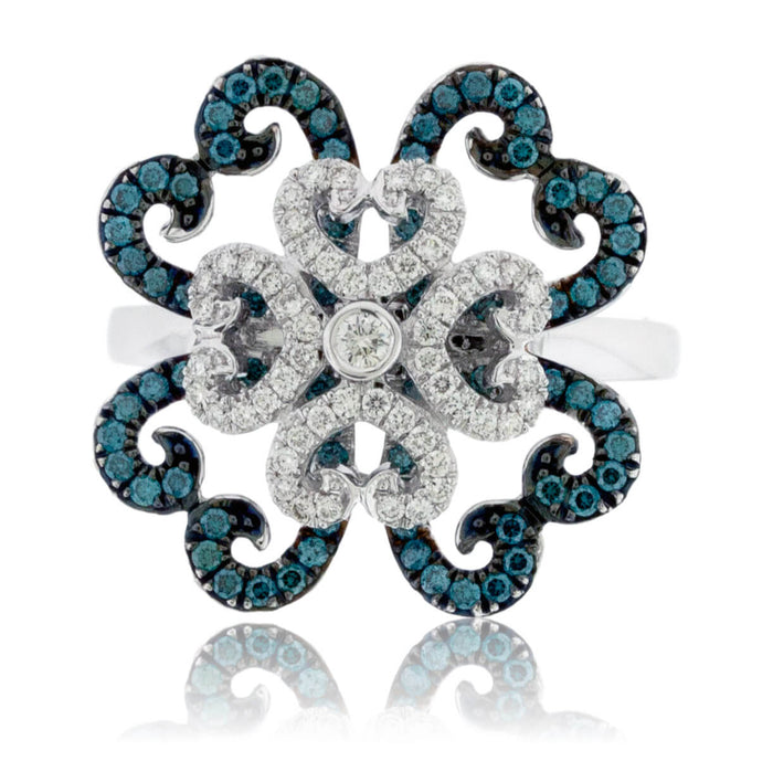 Blue Diamond & Diamond Filigree Style Flower Ring - Park City Jewelers