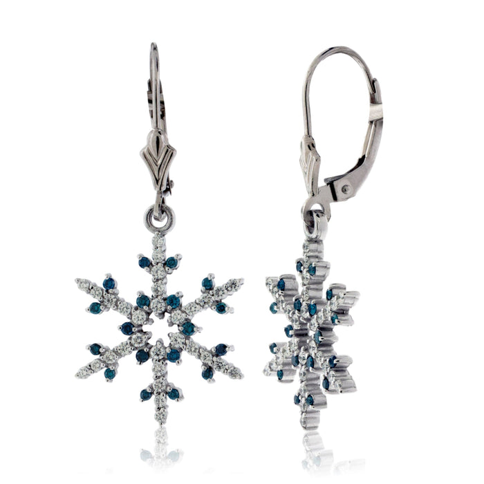 Blue Diamond Tipped and Diamond Snowflake Leverback Earrings - Park City Jewelers