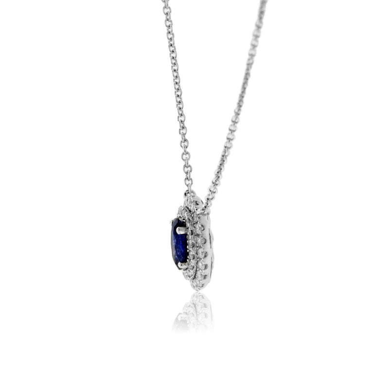 Blue Oval Shaped Sapphire with Double Diamond Halo Pendant - Park City Jewelers