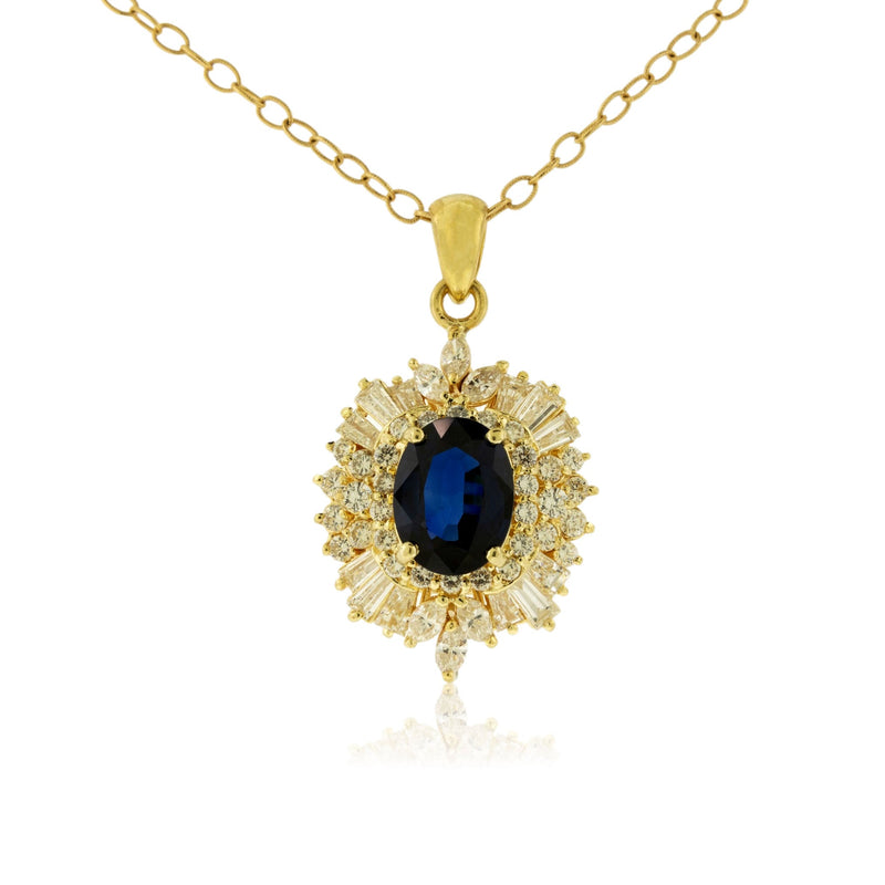 Blue Sapphire and Classic Style Diamond Halo Pendant - Park City Jewelers