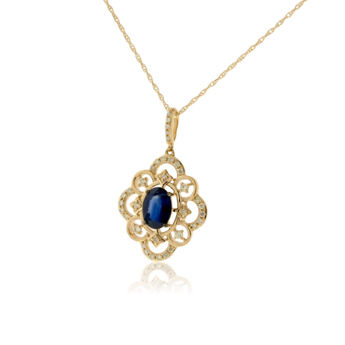 Blue Sapphire and Filigree Style Diamond Pendant - Park City Jewelers