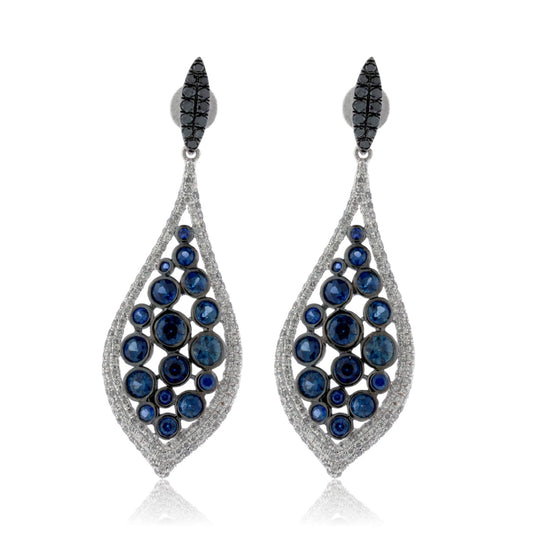 Blue Sapphire, Black Diamond & Diamond Dangle Earrings - Park City Jewelers