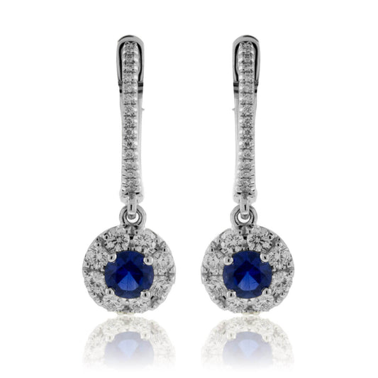 Blue Sapphire & Diamond Drop Halo Earrings - Park City Jewelers