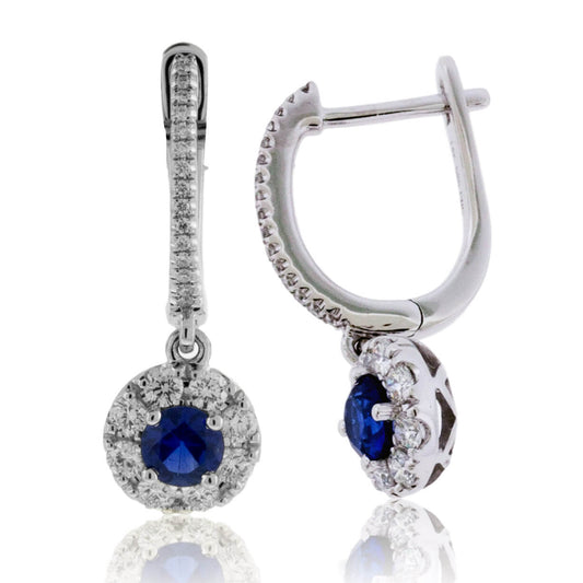 Blue Sapphire & Diamond Drop Halo Earrings - Park City Jewelers