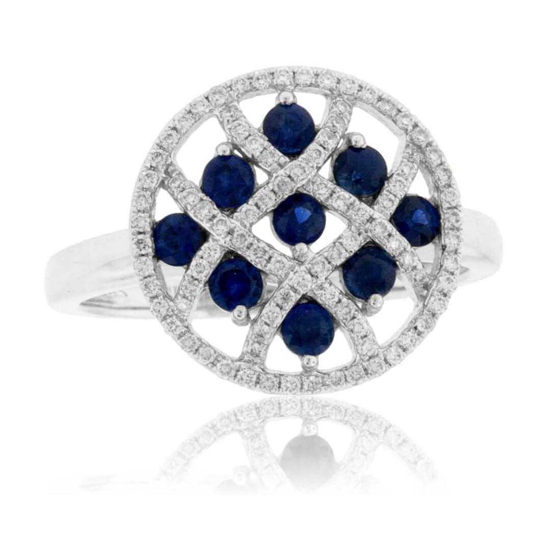 Blue Sapphire & Diamond Lattice Style Circle Ring - Park City Jewelers