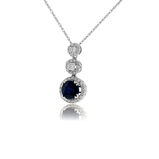 Blue Sapphire Round with Diamond Halo Pendant - Park City Jewelers