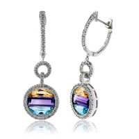 Blue Topaz, Amethyst, & Citrine Dangle with Diamond Halo Dangle Earrings - Park City Jewelers
