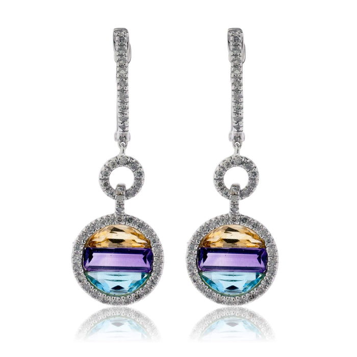 Blue Topaz, Amethyst, & Citrine Dangle with Diamond Halo Dangle Earrings - Park City Jewelers